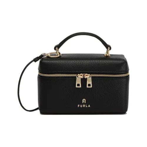 Furla Grained Leather Portable One Shoulder Crossbody Makeup Bag Mini Women's Black