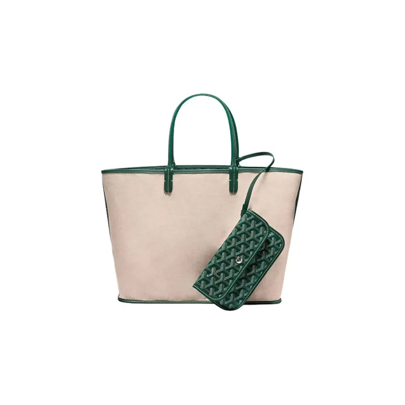 GOYARD Saint Louis Canvas With Calfskin Dog's Teeth Tote Bag Shopping Bag Handbag Small Size Unisex Green-3