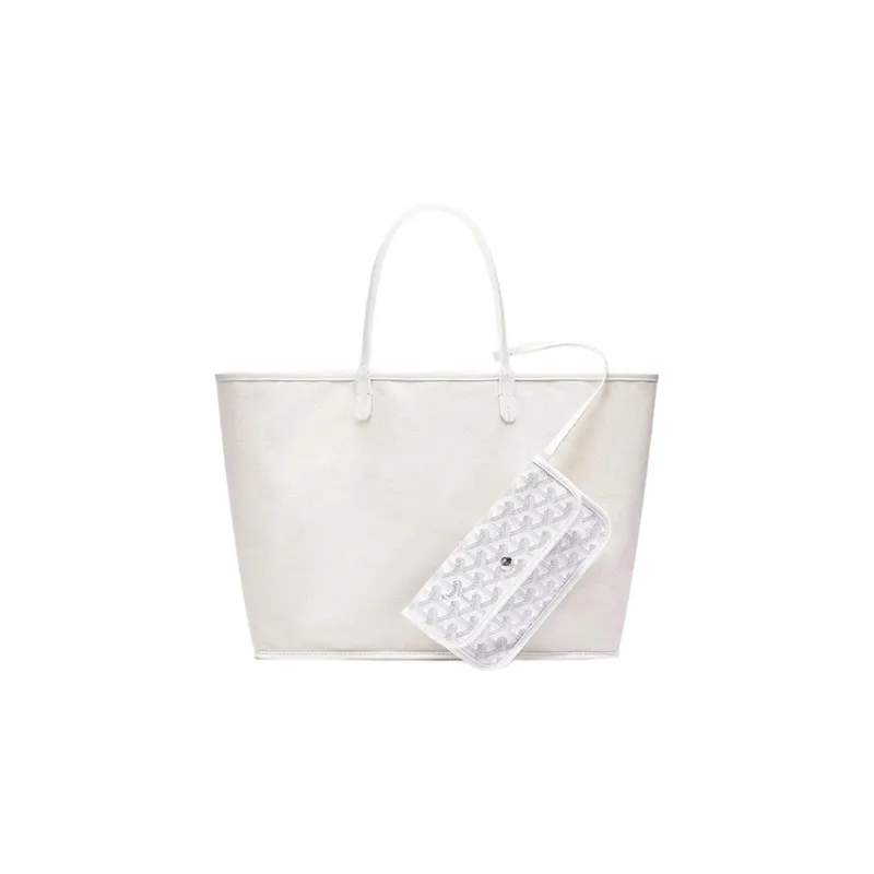GOYARD Saint Louis Canvas With Calfskin Dog's Teeth Tote Bag Shopping Bag Handbag Small Size Unisex White-3