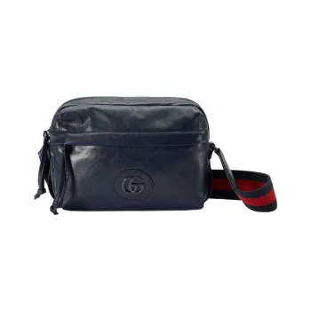 GUCCI Double G Leather Messenger Bag Shoulder Bag, Crossbody Bag Unisex Marine Blue