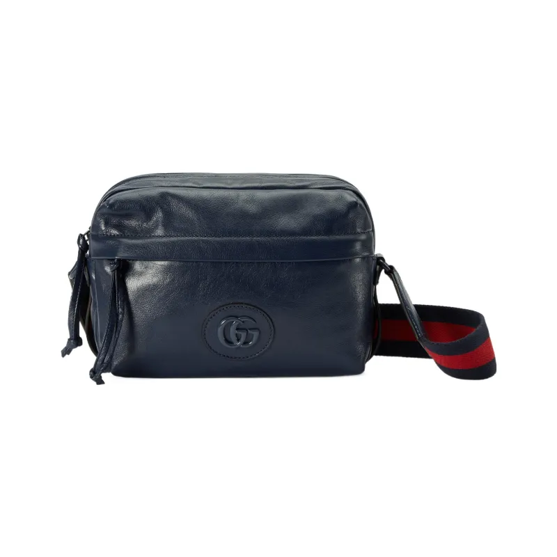 GUCCI Double G Leather Messenger Bag Shoulder Bag, Crossbody Bag Unisex Marine Blue-0