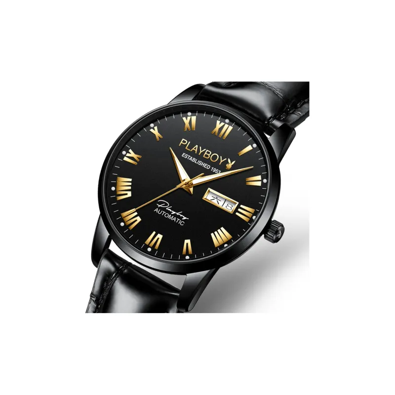 Playboy, Extra Thin Collection Mechanical Movement Leather Strap Watch Men's Watches Black Dial-6