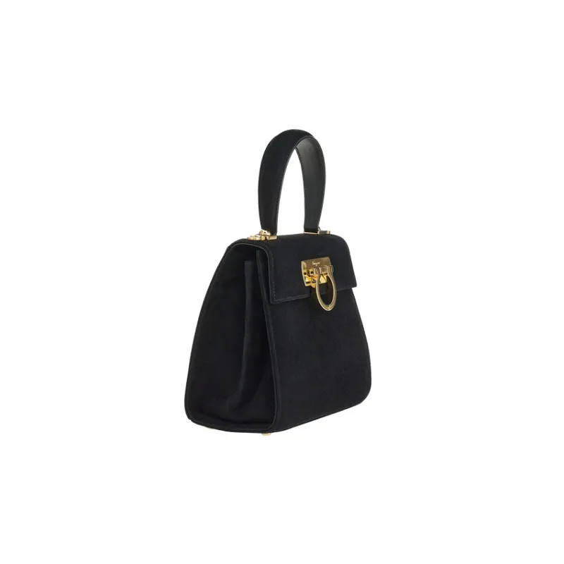 FERRAGAMO GANCINI Suede Handbag Small Size Women's Black-1