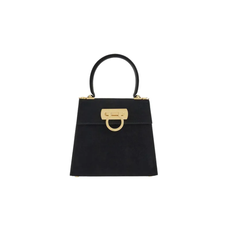 FERRAGAMO GANCINI Suede Handbag Small Size Women's Black-0