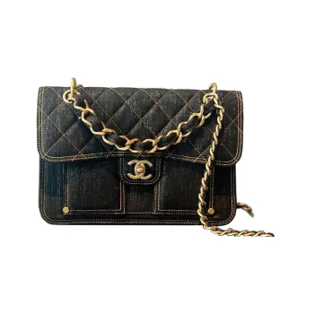 CHANEL Denim Messenger Bag Portable Crossbody Bag Shoulder Bag Women's Washed Denim Black