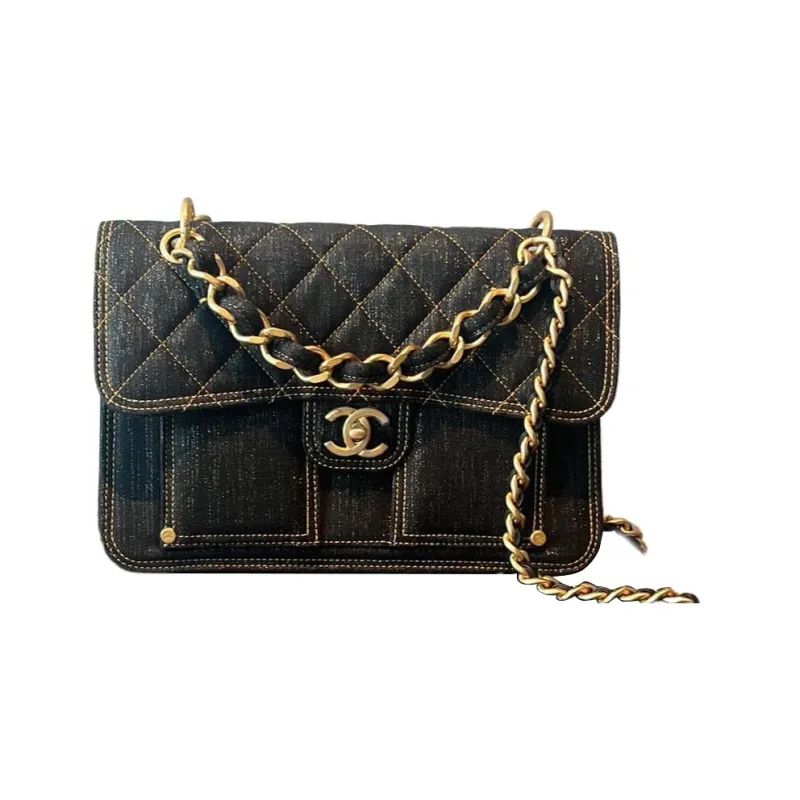 CHANEL Denim Messenger Bag, Portable Crossbody Bag, Shoulder Bag Tubas Women's Washed Denim Black-0