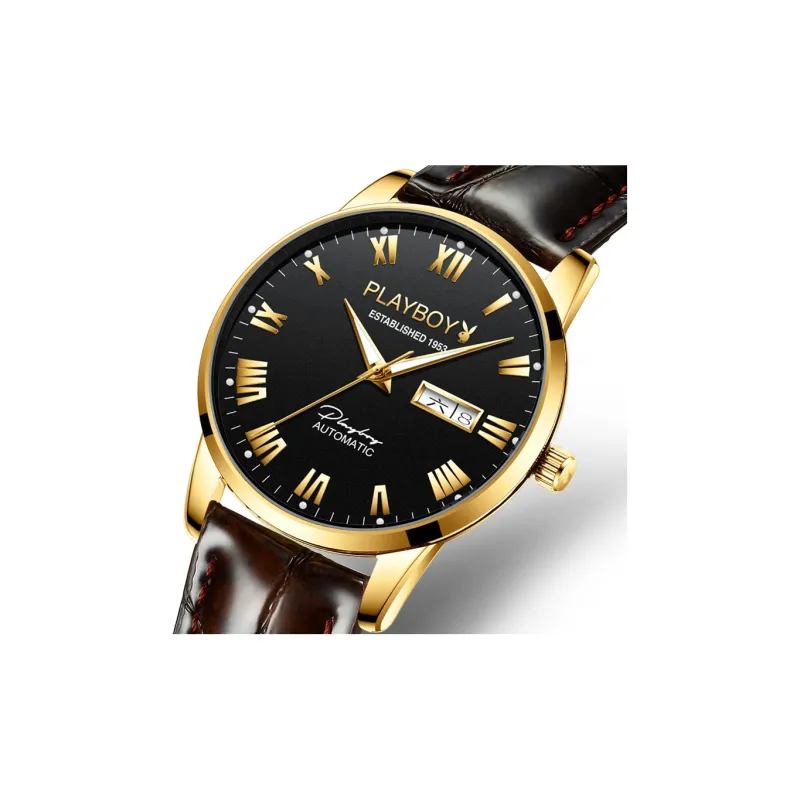 Playboy, Extra Thin Collection Mechanical Movement Leather Strap Watch Men's Watches Black Dial-1