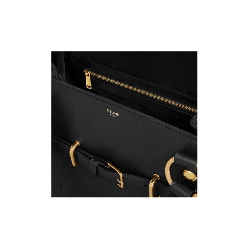 CELINE Soft Cow Leather Handbag Medium Size Women's Black-4
