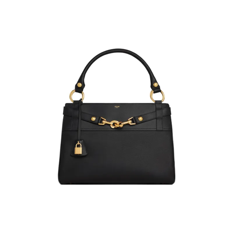 CELINE Soft Cow Leather Handbag Medium Size Women's Black-0