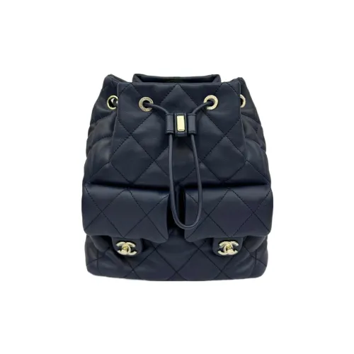 CHANEL Calfskin Hobo Bag Backpack Small Size Women's Dark Blue