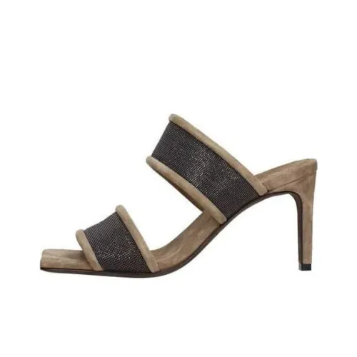 Brunello Cucinelli Rubber Sole Slip Resistant Slide Slippers Women's Beige/Silver
