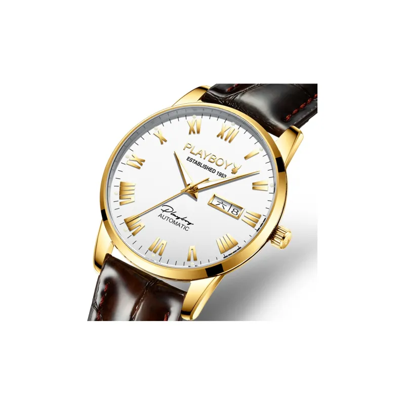 Playboy, Extra Thin Collection Mechanical Movement Leather Strap Watch Men's Watches Black Dial-11