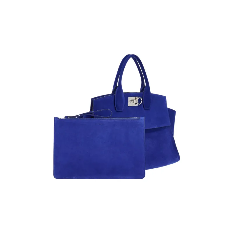 FERRAGAMO Studio Suede Calfskin Handbag Large Size Women's Blue-3