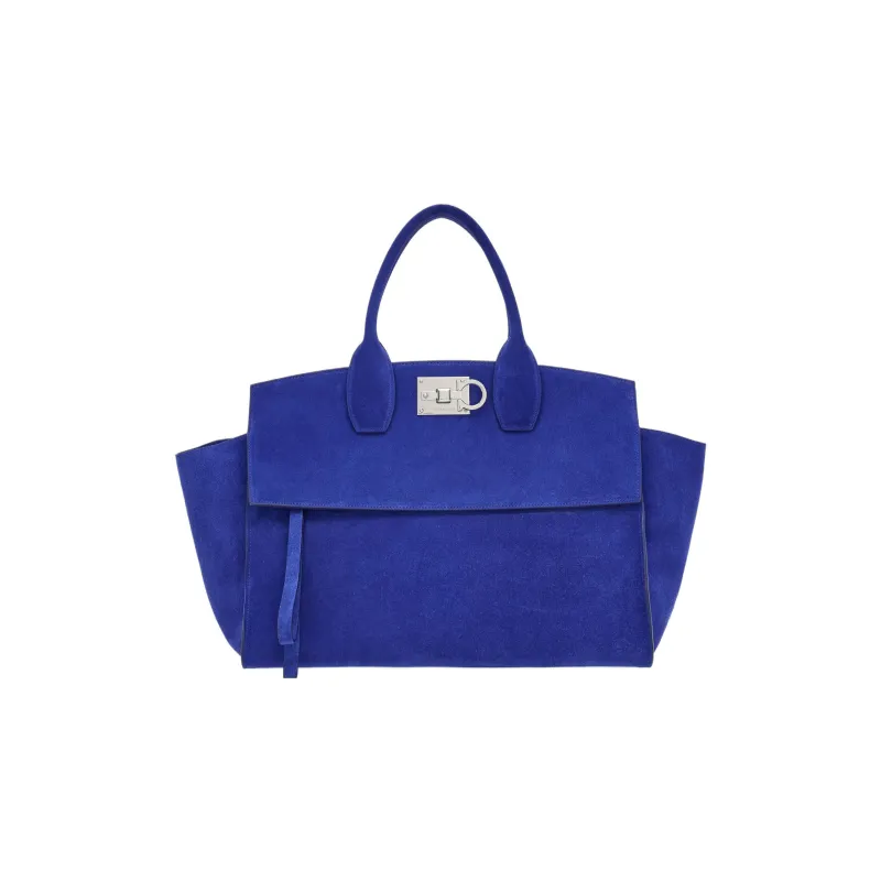FERRAGAMO Studio Suede Calfskin Handbag Large Size Women's Blue-0