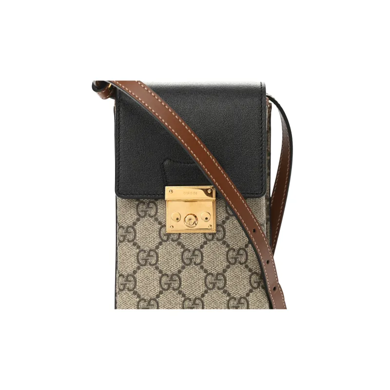 GUCCI Coated Canvas With Leather Cell Phone Pouch, Shoulder Bag, Crossbody Bag Women's Brown/Black-5
