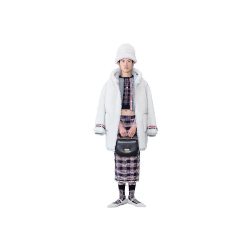 THOM BROWNE Stripe-trim Hooded Shearling Coat