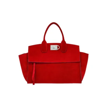 FERRAGAMO Studio Suede Calfskin Handbag Large Size Women's Red
