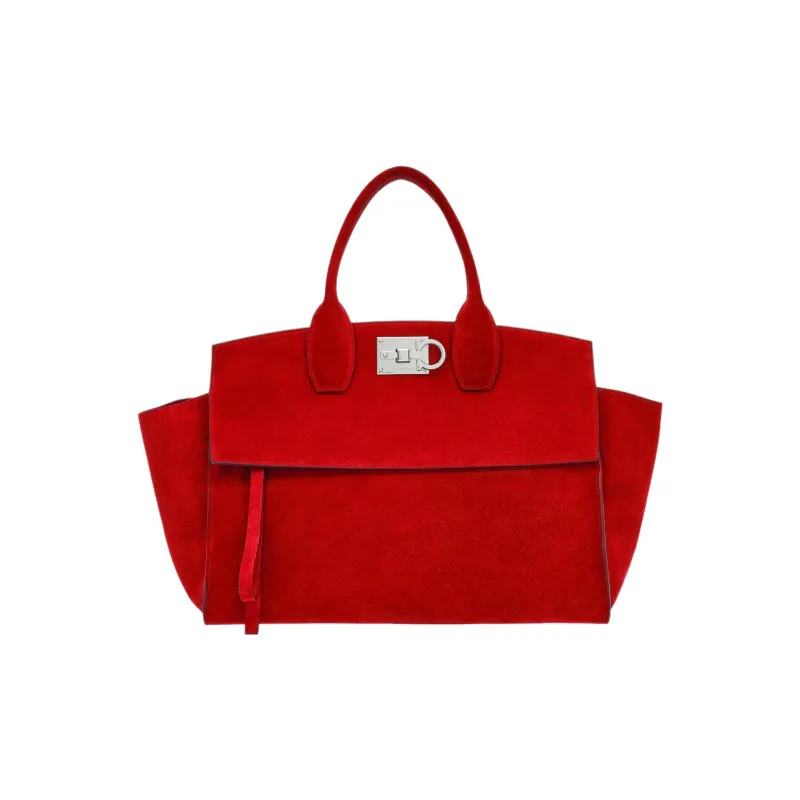 FERRAGAMO Studio Suede Calfskin Handbag Large Size Women's Red-0
