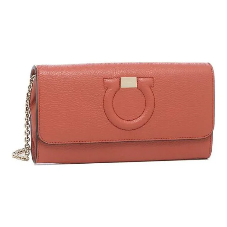 FERRAGAMO Leather Wallet Crossbody Bag Shoulder Bag Women's Orange Red-2