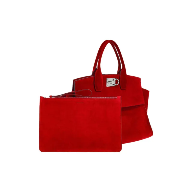 FERRAGAMO Studio Suede Calfskin Handbag Large Size Women's Red-5