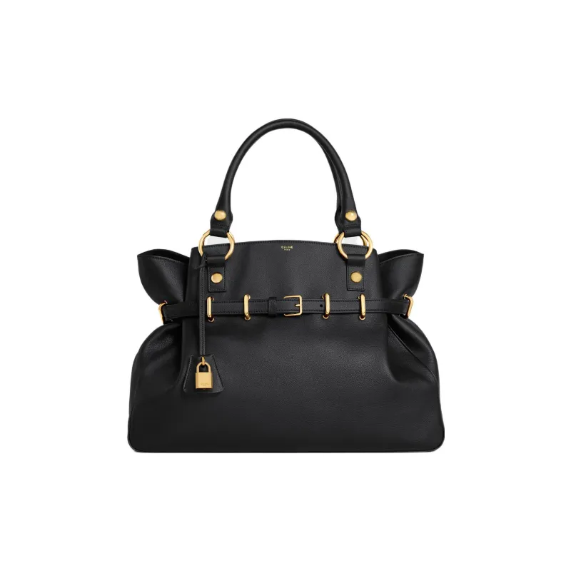 CELINE Soft Cow Leather Handbag Medium Size Women's Black-0