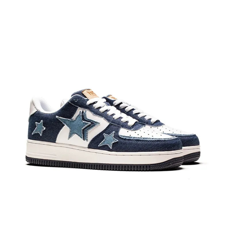 VOIT Stars Shoes Slip Resistant And Breathable Coverage Low Top Skateboard Shoes Unisex Blue White-2