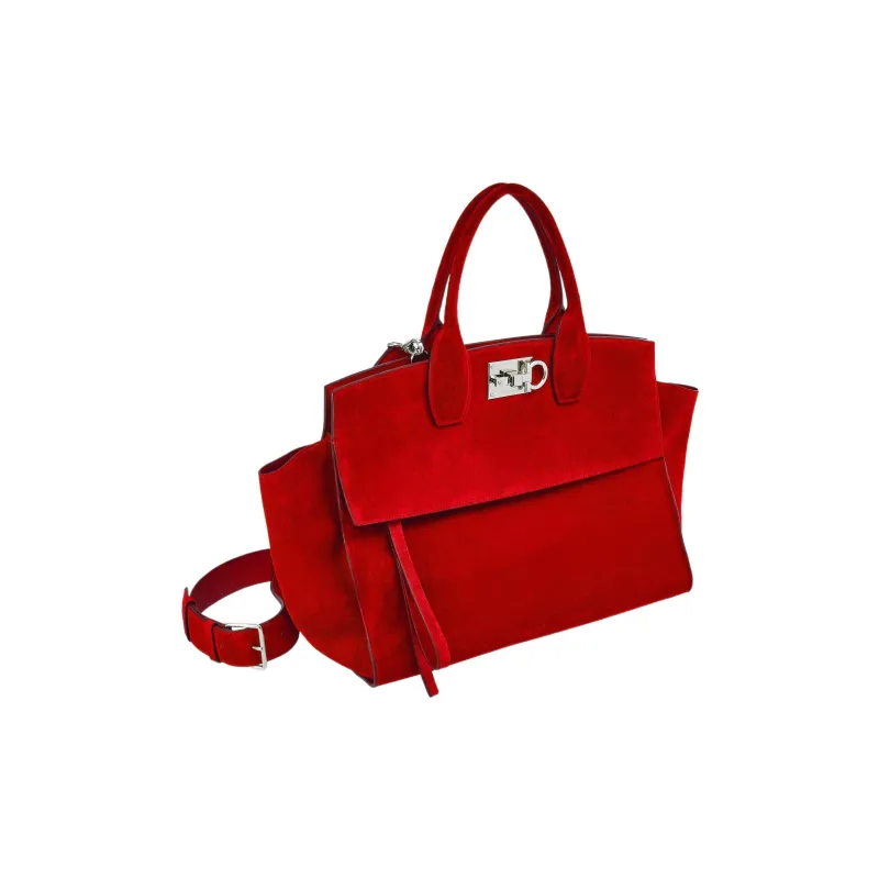 FERRAGAMO Studio Suede Calfskin Handbag Large Size Women's Red-1