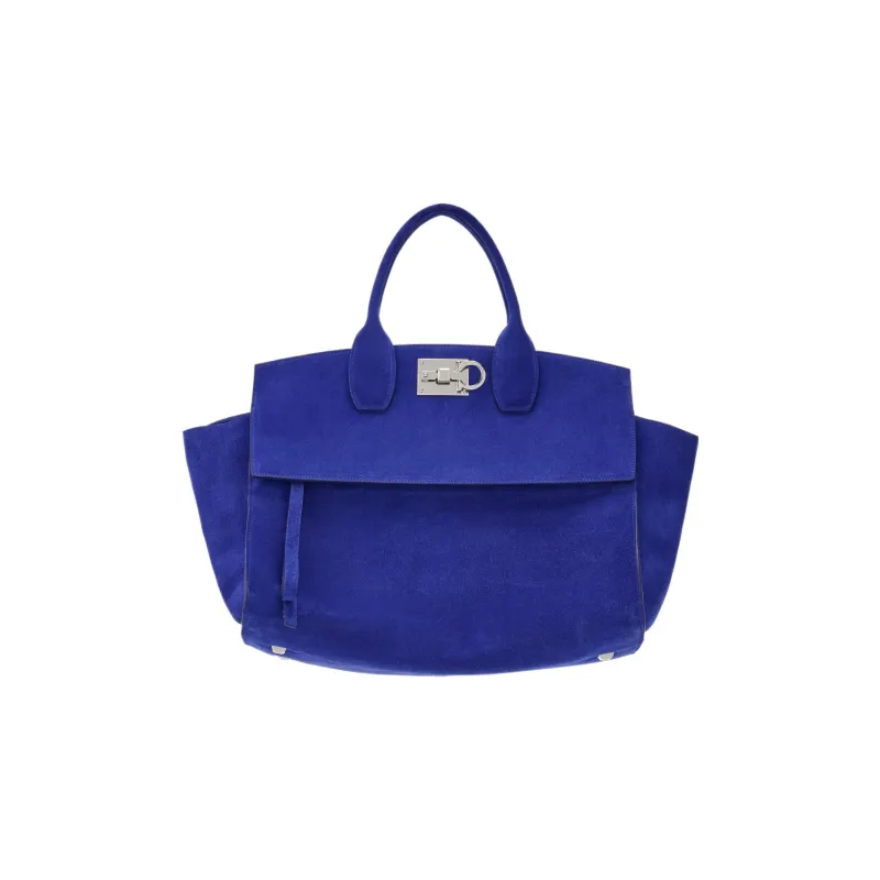 FERRAGAMO Studio Suede Calfskin Handbag Large Size Women's Blue-1