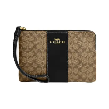 COACH Corner Zip Canvas With Leather Canvas Bag Wrist Bag Clutch Small Size Women's Khaki & Black