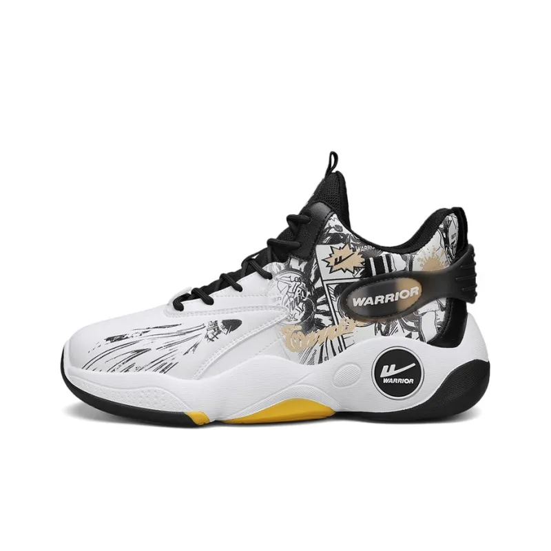 Warrior Anti Slip Wear Resistant High Top Basketball Shoes Men's White Black Gold-0