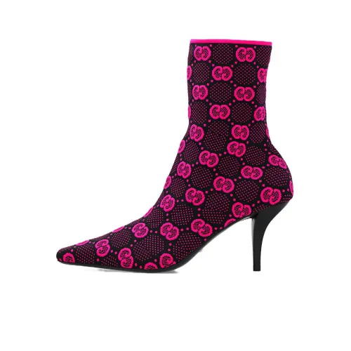 GUCCI GG 75mm Knit Ankle Boots Black Fluorescent Pink Fabric