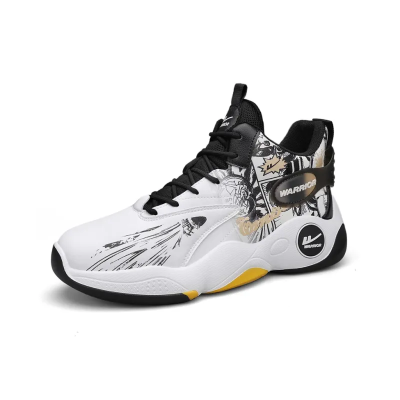 Warrior Anti Slip Wear Resistant High Top Basketball Shoes Men's White Black Gold-1