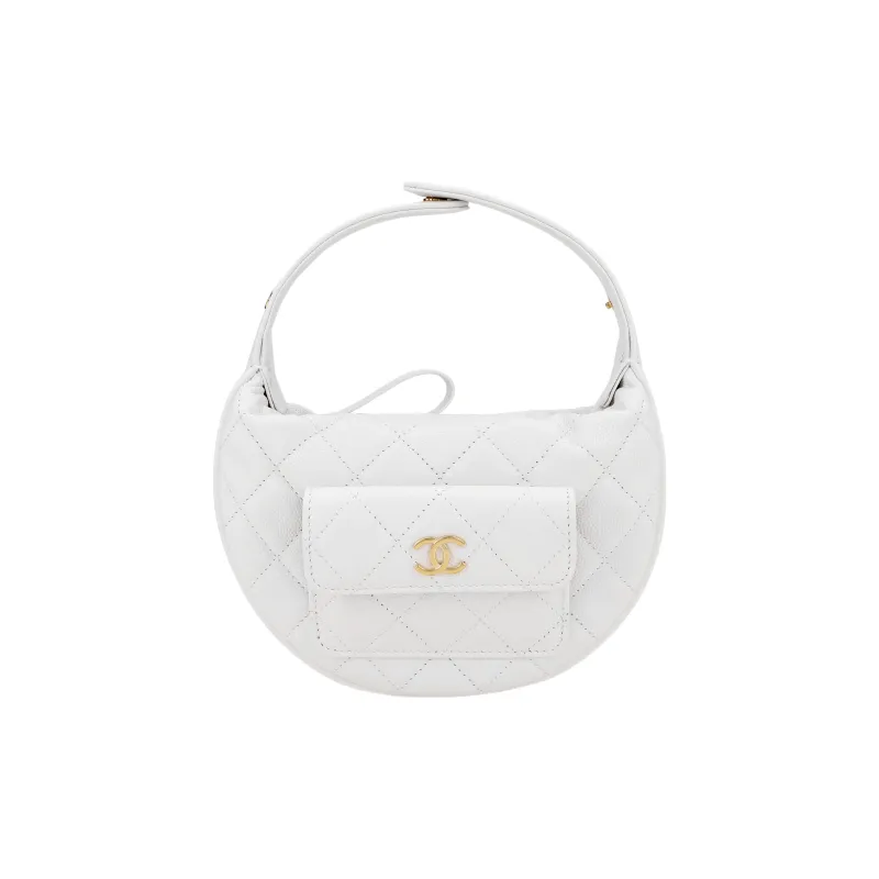 CHANEL Grain Litchi Cow Leather Crescent Bag Clutch Handbag Mini Women's White-0