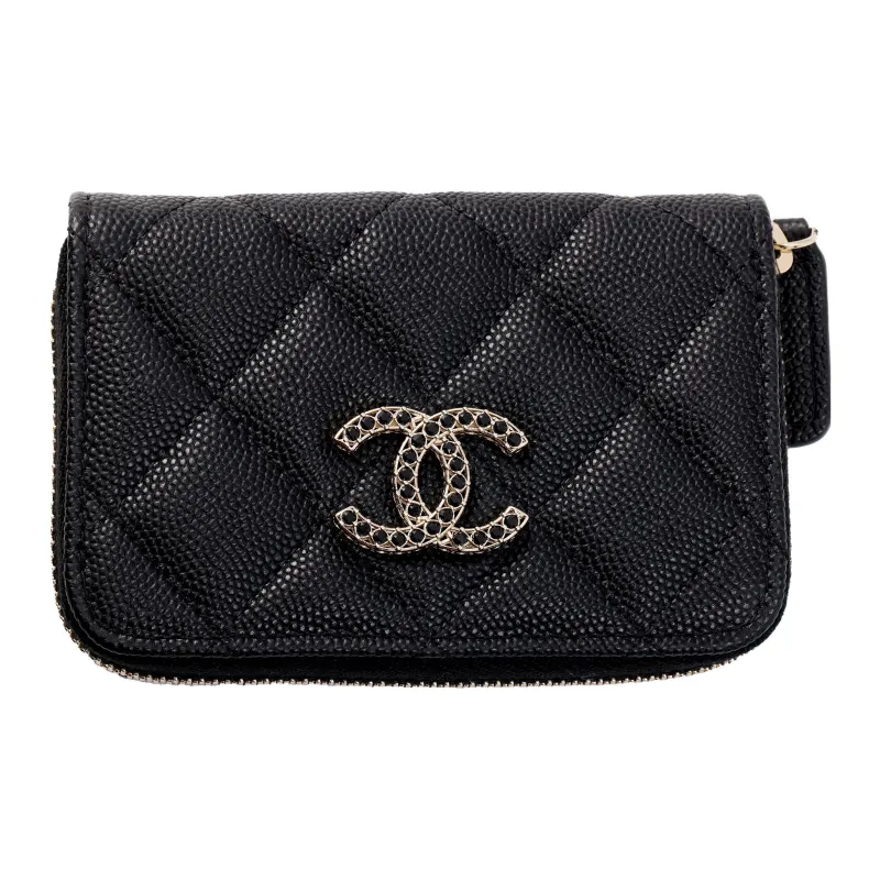 CHANEL Shiny Beaded Embossed Calfskin Coin Purse Women's Black-0