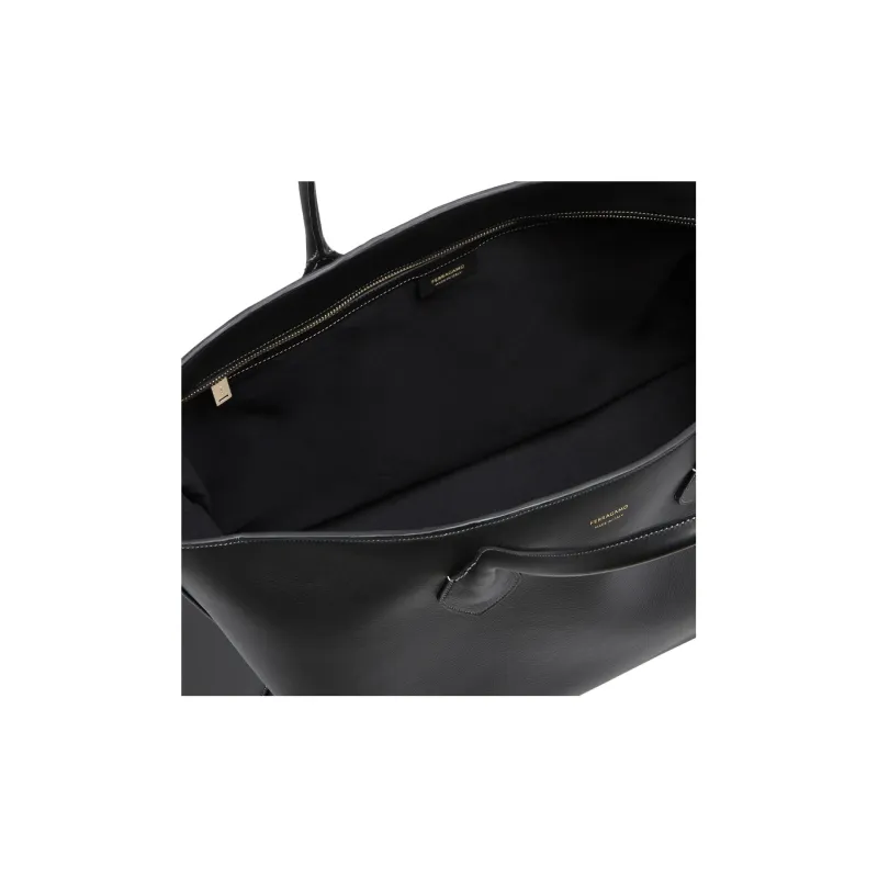 FERRAGAMO Natural Grain Vegetable Tanned Cow Leather Tote Bag Shopping Bag Handbag Large Size Men's Black-3