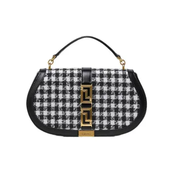 VERSACE Wool Calfskin Saddle Bag Handbag Shoulder Bag Regular Women's Black White