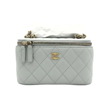 CHANEL Sheepskin Clutch, Long Box Bag, Shoulder Bag, Crossbody Bag Women's Light Gray Green