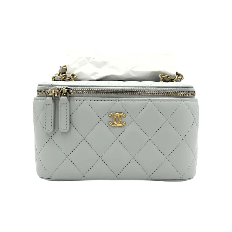 CHANEL Sheepskin Clutch, Long Box Bag, Shoulder Bag, Crossbody Bag Women's Light Gray Green-0