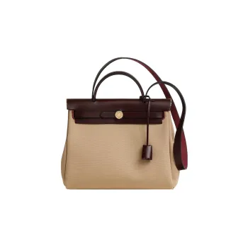 HERMES Herbag Zip Cow Leather Handbag Regular Women's Trench Coat Beige/Storm Blue/Saddle Equipment Red