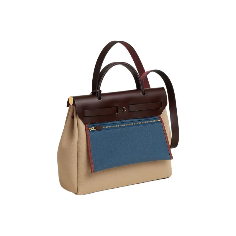 HERMES Herbag Zip Cow Leather Handbag Regular Women's Trench Coat Beige/Storm Blue/Saddle Equipment Red-2