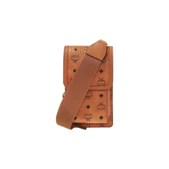 MCM Coated Canvas Flap Shoulder Bag, Crossbody Bag With Cell Phone Pouch Unisex Brown Cognac