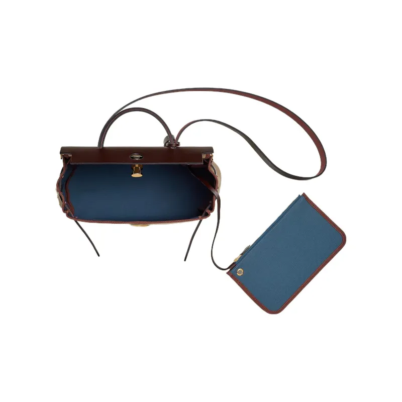 HERMES Herbag Zip Cow Leather Handbag Regular Women's Trench Coat Beige/Storm Blue/Saddle Equipment Red-3