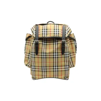 Burberry Vintage Cotton With Leather Backpack Medium Size Men's Beige/Black