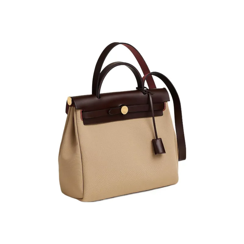 HERMES Herbag Zip Cow Leather Handbag Regular Women's Trench Coat Beige/Storm Blue/Saddle Equipment Red-1