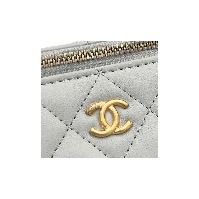 CHANEL Sheepskin Clutch, Long Box Bag, Shoulder Bag, Crossbody Bag Women's Light Gray Green-7