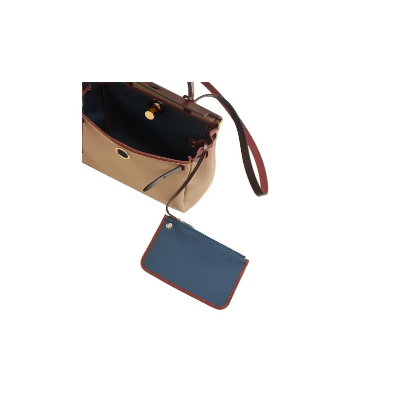 HERMES Herbag Zip Cow Leather Handbag Regular Women's Trench Coat Beige/Storm Blue/Saddle Equipment Red-4