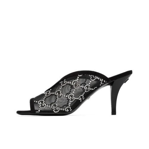 GUCCI GG Crystal 75mm Heeled Sandal Black Mesh