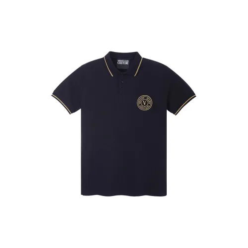 VERSACE JEANS COUTURE SS23 Men Letter Logo Printed Striped Trim Short-Sleeve Polo Shirt Black