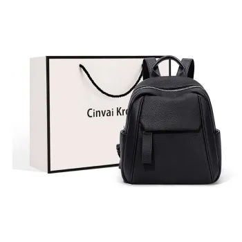 CinvaiKrose Cow Leather With Synthetic Leather Backpack Travel Laptop Bag Medium Size Women's Black
