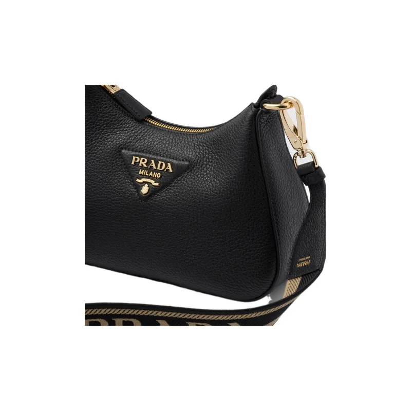 PRADA Leather Shoulder Bag Gold tone Black-3